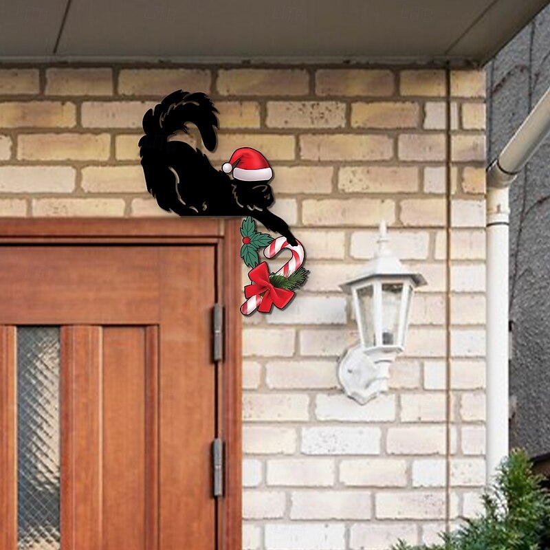 Christmas Black Cat Door Frame Sticker with Christmas Hat Cute 10-inch Lightweight Wooden Creative Holiday Window Sill Bedroom Outdoor Xmas Decoration2