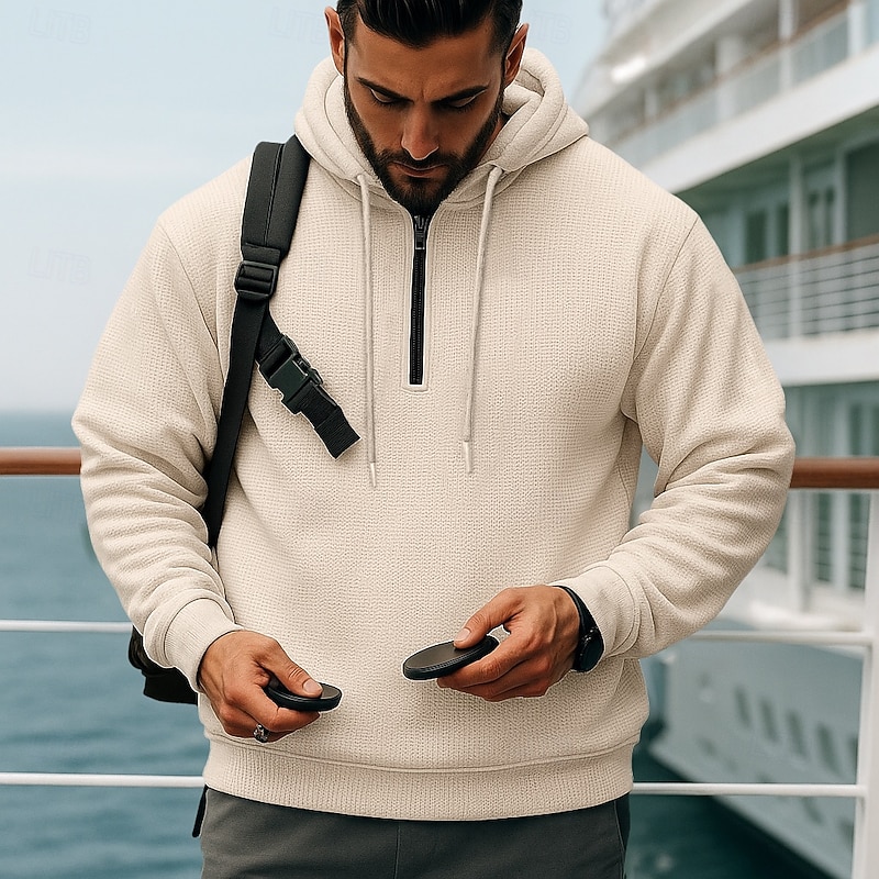 Men's Hoodie Pullover Hoodie Sweatshirt Quarter Zip Hoodie Black White Blue Khaki Gray Hooded Plain Textured Sports & Outdoor Casual Daily Streetwear Cool Sportswear Spring &  Fall Clothing Apparel