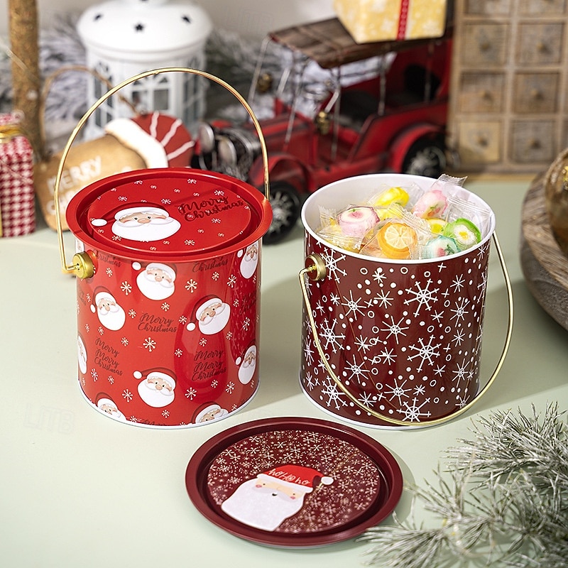 Christmas Cookie Tins with Lids for Gift Giving Xmas Tin Containers Red Round Handled Metal Storage Box with Lid Holiday Cookie Biscuit Packaging Gift Box Party Favor Accessory2