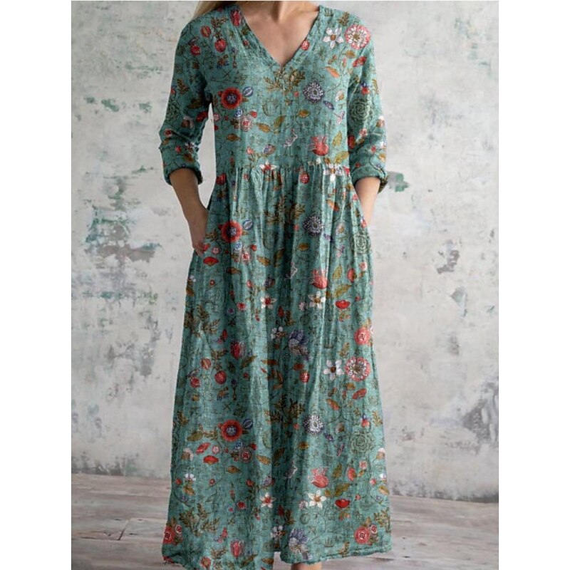 Women's Midi Dress A Line Dress Casual Daily Regular Fit Floral 3/4 Length Sleeve V Neck Yellow Dark Green Brown Green Summer Spring Fall3