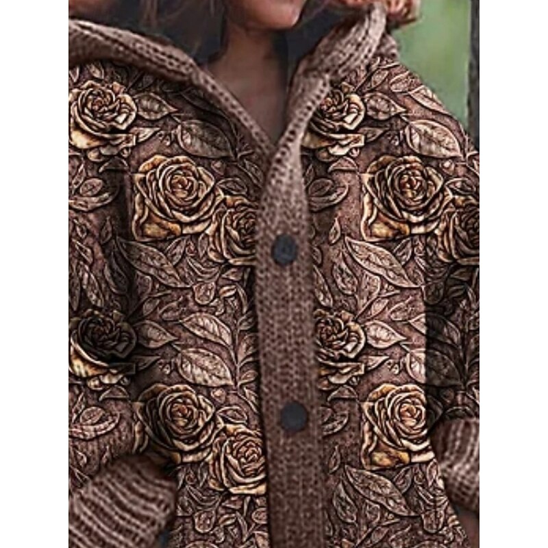 Women's Cardigan Vacation Vintage Daily Floral Ribbed Hooded Knitted Print Front Pocket Long Sleeve Regular Tops Knit Outdoor Daily Holiday Blue Brown Fall Winter2