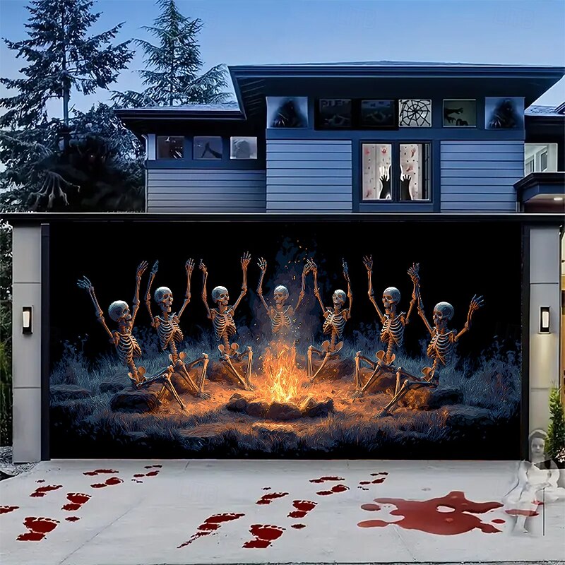 Halloween Garage Door Cover Large Hanging Backdrop Skeleton Cemetery Dark Punk Gothic Style Party Outdoor Shooting Backgrounds Yard Haunted House Home Decor4