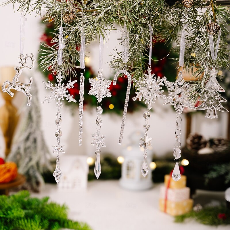 8pcs Christmas Tree Decoration Crystal Ornaments - Hanging Acrylic Christmas Snowflake Icicle Drop Crystal Ornaments for Xmas Tree Winter New Year Party Supplies2