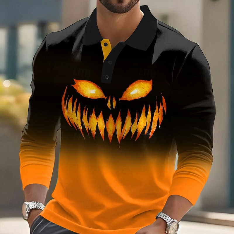 Halloween Men's Pumpkin Polo Long Sleeve Polo Shirts Lapel Casual Street Athleisure Daily Wear 3D Print Buttons Spring Fall Winter Blue Purple Orange