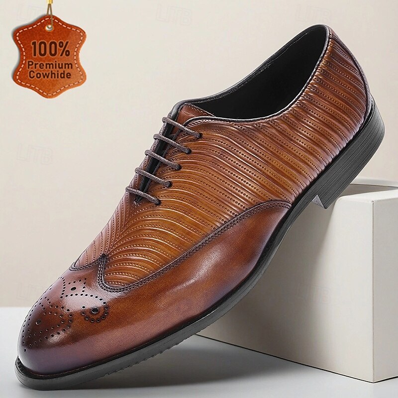Men's Brown Lizard Texture Brogue Oxford Shoes – Premium Cowhide Lace-Up Dress Shoes for Weddings, Office and Formal Events