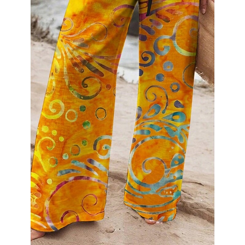Women's Wide Leg Pants Trousers Retro Vintage Long High Waist Floral Elastic Waist Printing High Cut Breathability Soft Micro-elastic Vacation Street Daily Wear Yellow Spring Fall Regular Fit3