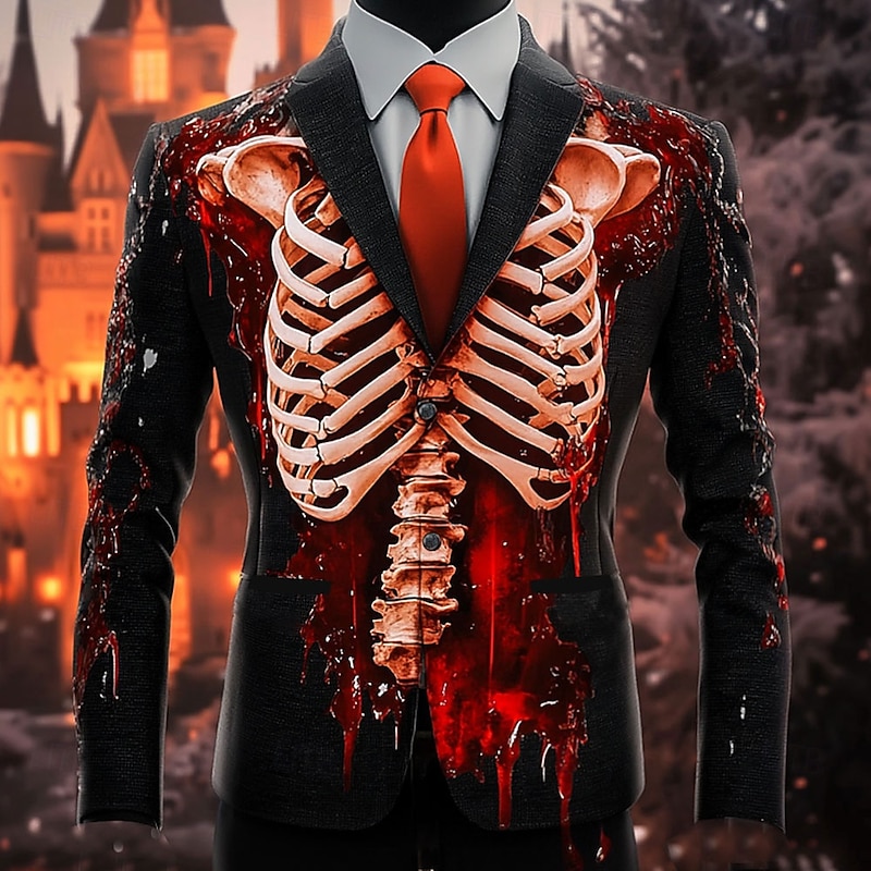 Men's Skeleton Blazer Jacket Casual Dark Festival 3D Print Spring Fall Winter Notch Long Sleeve Red Orange Green