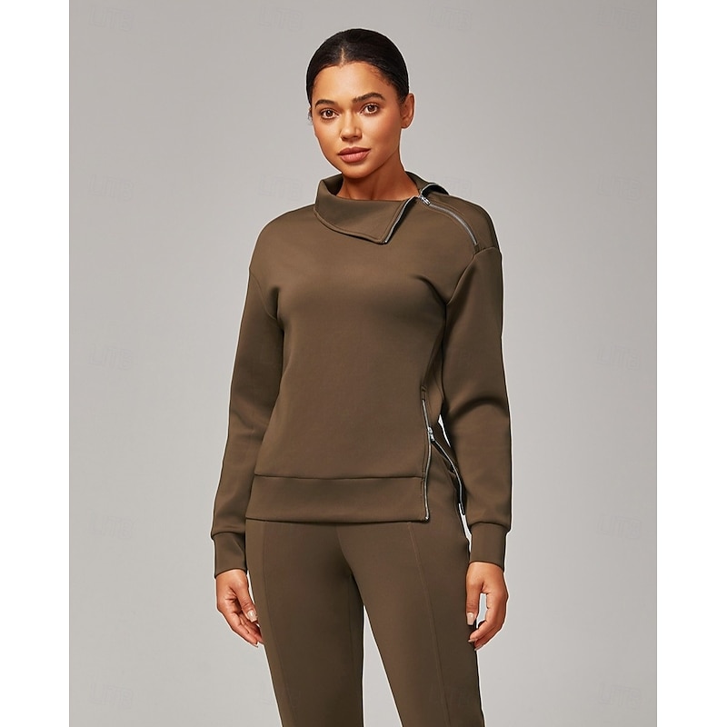 Women's Brown Stretch Knit Zip Slit High Neck Top Tracksuit Jacket Stand Collar Stylish Comfortable Casual Daily Work Versatile Fall