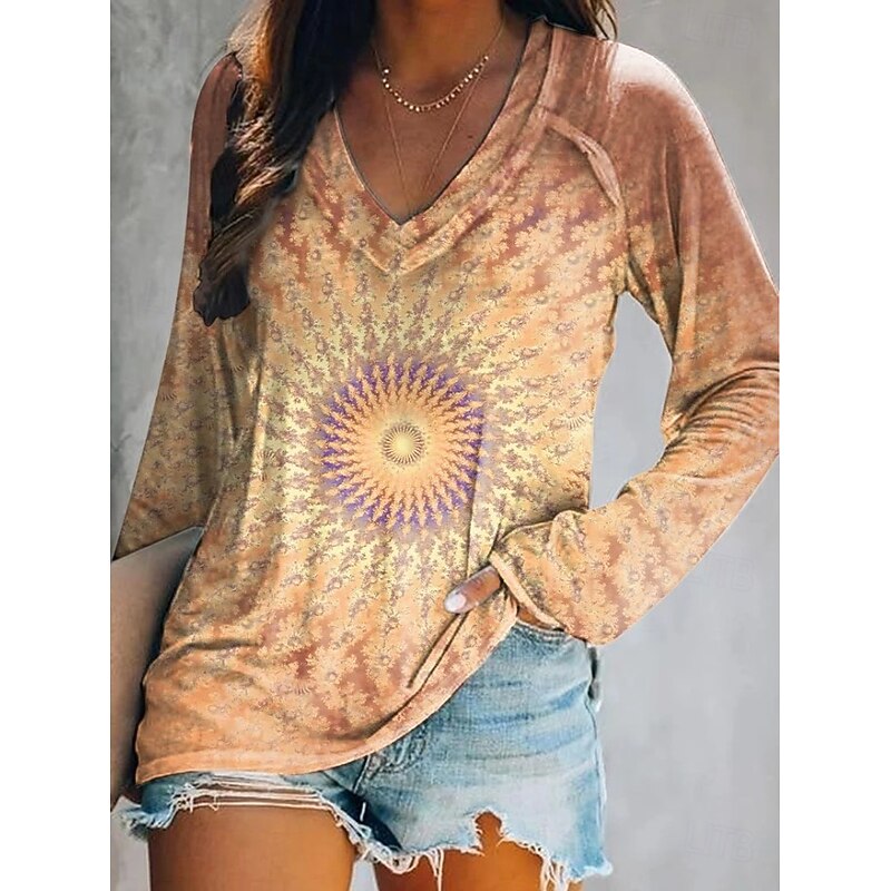 Women's T Shirt Floral Graphic Plants Elegant Bohemia Vintage Long Sleeve V Neck Regular Tops Daily Going out Weekend Print Yellow Pink Blue Purple Green Spring Fall4