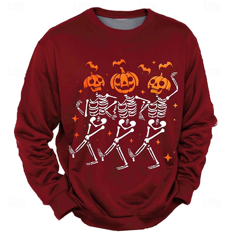 Halloween Men's Skull Sweatshirt Punk Party Crew Neck Vacation Black Red Crewneck 3D All Seasons Designer4