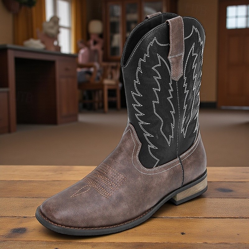 Men's Western Cowboy Boots Square Toe Slip-On Mid-Calf Work Riding Boots Casual Country Style Footwear for Daily Wear