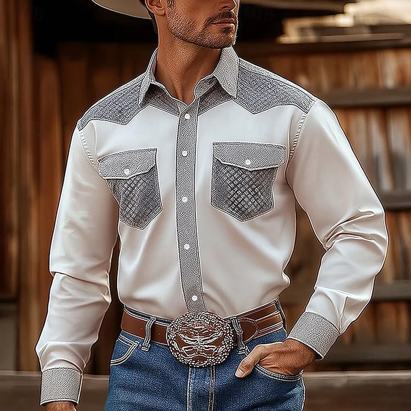 Men's Geometric Grid / Plaid Shirt Western Shirt Cowboy Shirt Long Sleeve Vintage Retro Outdoor Casual WorkWear Spring Fall Turndown Front Two Pockets Linen Like Shirt Button Up Shirts White