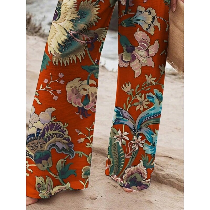 Women's Wide Leg Pants Trousers Retro Vintage Plush Long High Waist Floral Elastic Waist Printing High Cut Breathability Soft Micro-elastic Vacation Street Daily Wear Red Spring Fall Regular Fit3