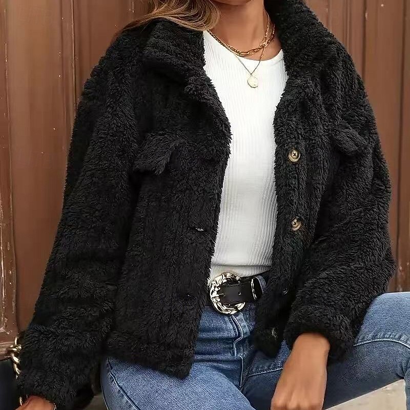 Women's Double Fuzzy Jacket Thick Warm Buttons Long Sleeve Sports Solid Color Top For Outdoor Travel Vacation Activewear4