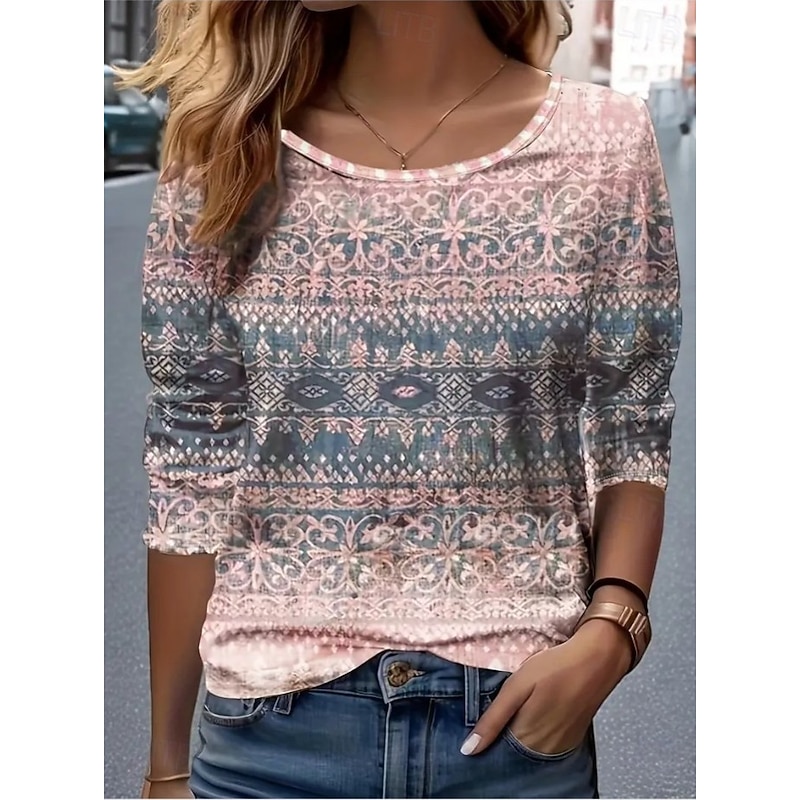 Easter Women's T shirt Crew Neck Long Sleeve Tunic Graphic Plaid Vintage Stylish Classic  Round Neck Regular Tops Daily Print Pink Red Brown Fall