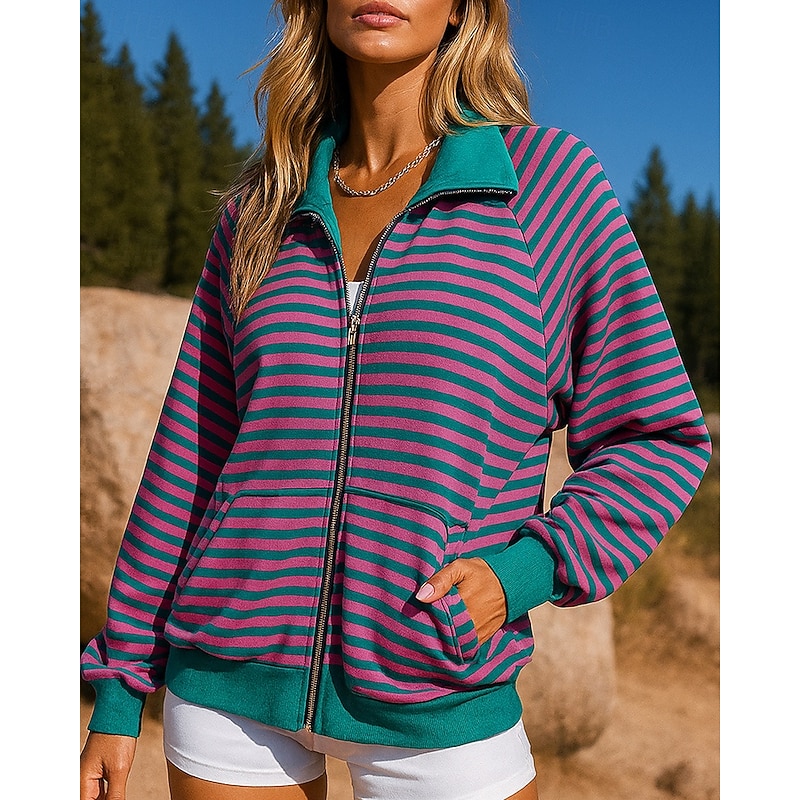 Women's Pullover Sweatshirt Y2K Shirt Top Colorblocking Long Sleeve Top Athleisure Fall Stripes Fashion Workout Outdoor Training Sportswear Activewear Black Pink Green3