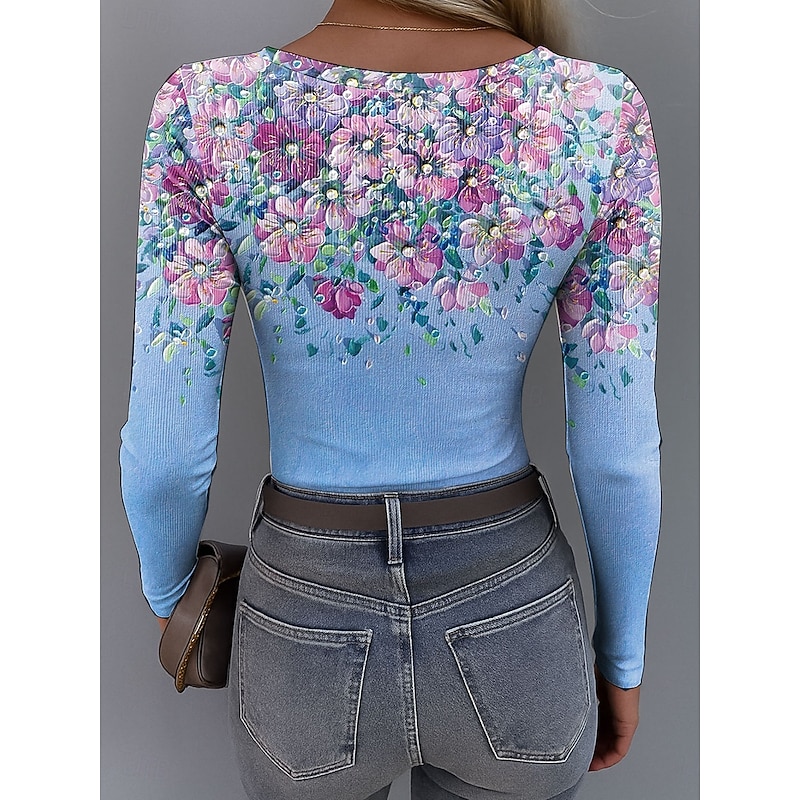 Women's T Shirt Ribbed Graphic Square Neck Long Sleeve Casual Tunic Floral Plants Vintage Stylish Regular Tops Daily Print Pink Blue Orange Green Summer Spring Fall2