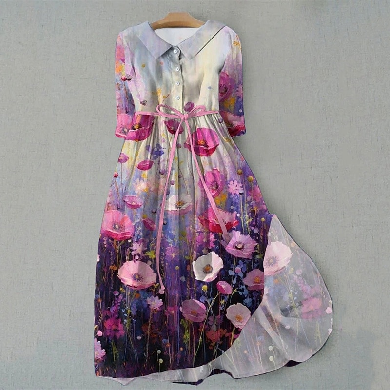 Women's Midi Dress Shirt Dress Casual Dress Fashion Modern Daily Beach Weekend Regular Fit Flower Half Sleeve Shirt Collar Yellow Pink Blue Green Summer Spring2