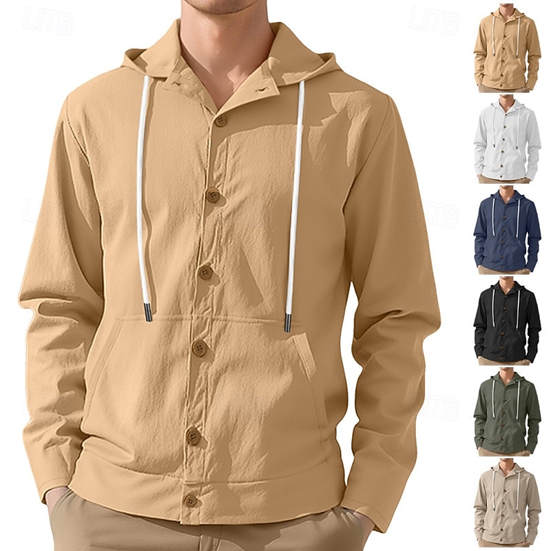 Men's Lightweight Jacket Casual Jacket Vacation Daily Breathable Drawstring Pocket Spring Fall Plain Fashion Classic Hooded Regular Black White Yellow Navy Blue Khaki Jacket