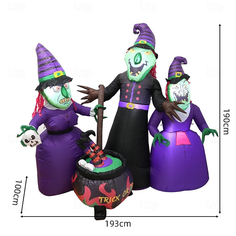 1 Pc 1.9M/6.23FT Halloween Three Witch Soup Making LED Light Inflatable Air Model Indoor and Outdoor Courtyard Garden Lawn Party Christmas Horror and Weird Atmosphere Decorative Light US/EU/UK/AU Plug4