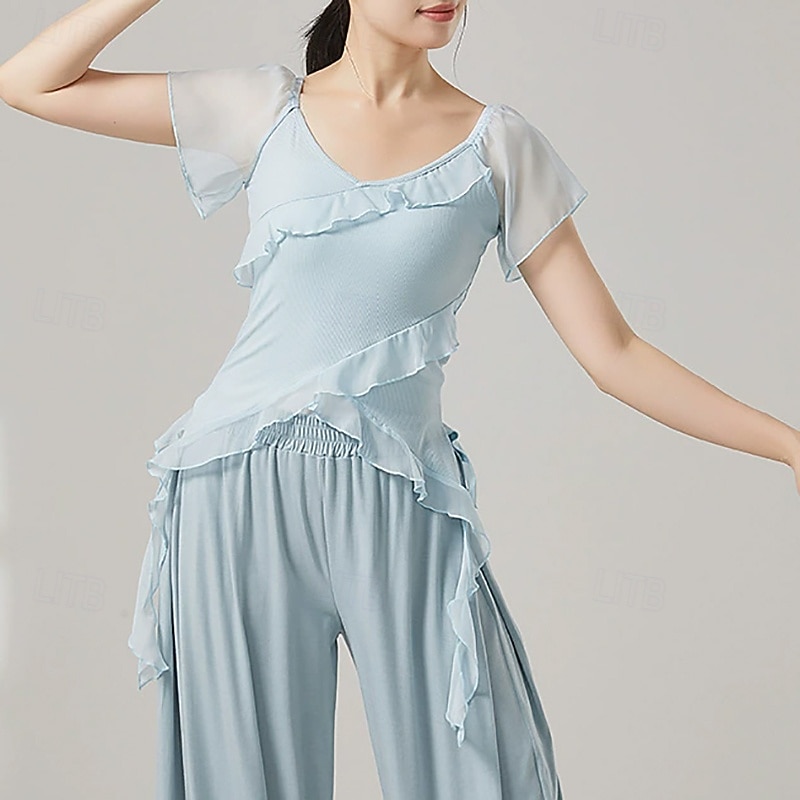 Activewear Top Ruffles Pure Color Splicing Women's Performance Training Short Sleeve High Polyester