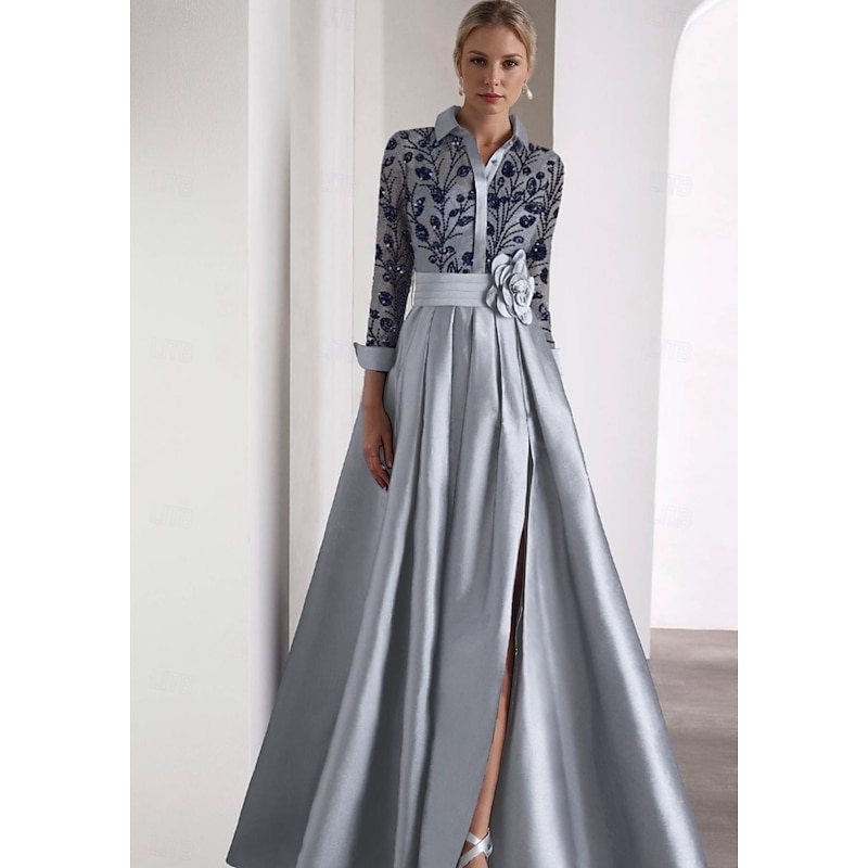 Embroidered Mother of the Bride A-Line Evening Gown Elegant Dress Formal Wedding Guest Floor Length Long Sleeve Shirt Collar Satin with Glitter Slit