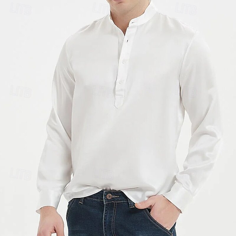 Men's Shirt Silk Like Satin Shirt Casual Shirt Pullover Plain Formal Wedding Black White Navy Blue Sky Blue Long Sleeve Henley Spring &  Fall All Seasons Clothing Apparel4