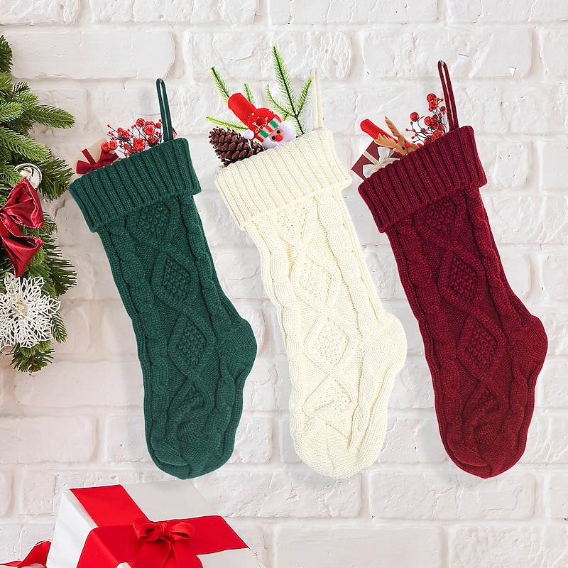 Knitted Christmas Stocking for Home Decor, Candy Bag Gift Socks with Diamond Pattern, Hanging Holiday Sock Ornament, Cozy Festive Gift Decoration