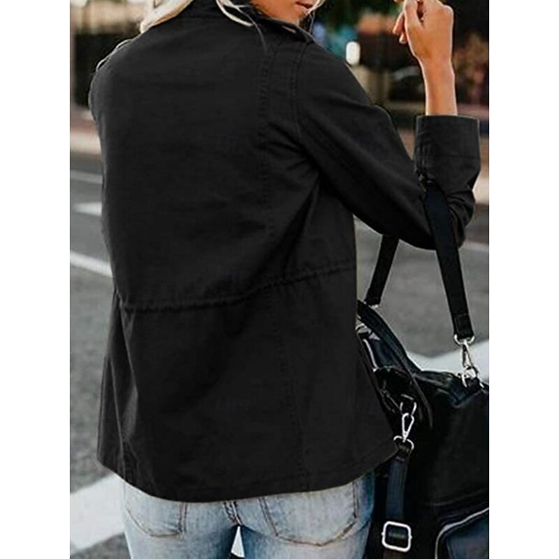 Women's Casual Jacket Comfortable Breathable Zipper Pocket Casual Plain Vacation Street Casual Daily Wear Zipper Regular Stand Collar Regular Fit Long Sleeve Outerwear Black Khaki Army Green Summer2