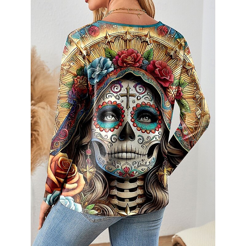 Halloween Women's T Shirt Skulls Graphic Vintage Stylish Casual Long Sleeve Round Neck Regular Tops Daily Weekend Zipper Print Yellow Pink Blue Gray Fall Winter2