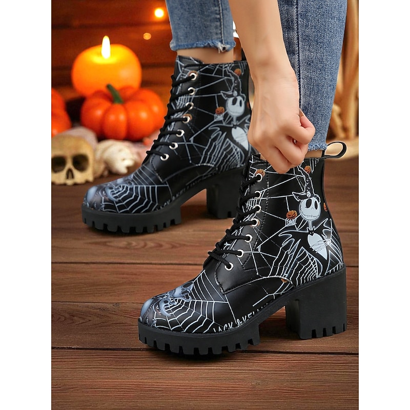 Women's Halloween Skull Print Chunky Heel Combat Boots with Spider Web Design – Gothic Lace-Up Ankle Boots for Cosplay, Trick-or-Treat, and Spooky Fall Fashion