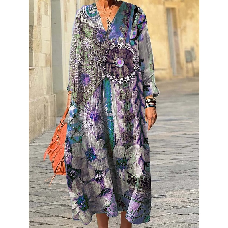 Women's Midi Dress Sundress A Line Dress Vacation Casual Boho Going out Beach Loose Fit Graphic Geometric Long Sleeve V Neck Red Purple Green Spring Fall Winter Autumn3