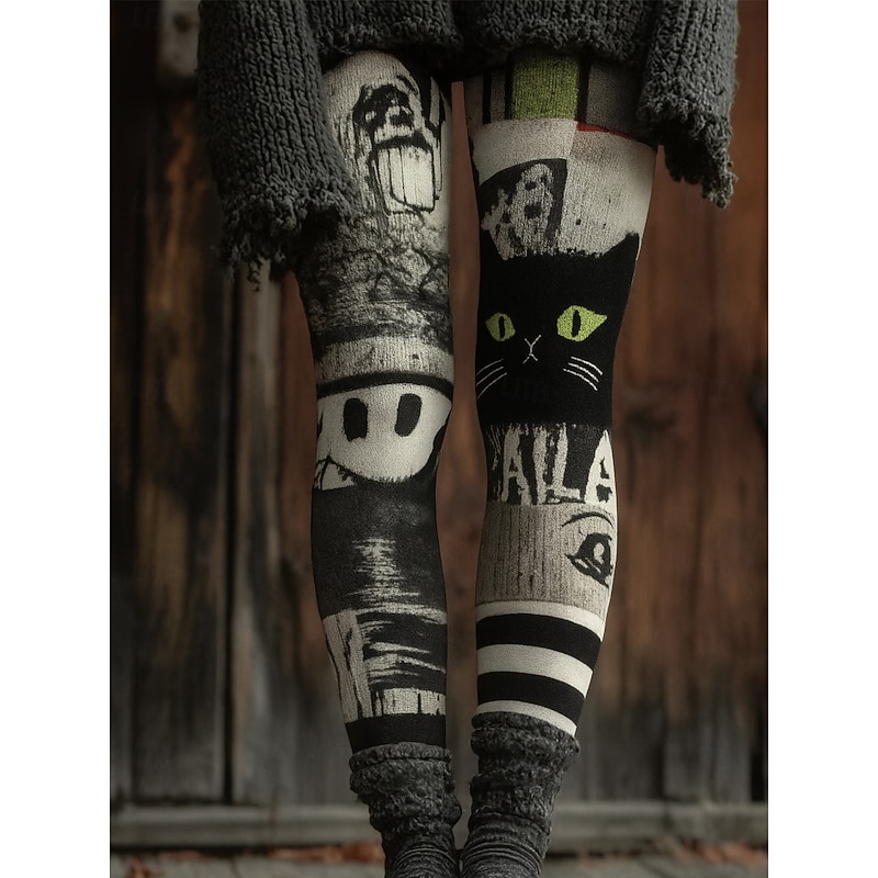 Women's Leggings Vacation Vintage Ethnic Style Ankle-Length High WaistPantsHalloween Graphic Cat 3D Print Quick Dry Breathability Soft Stretchy Outdoor Home Causal Black White Green Fall Regular Fit3