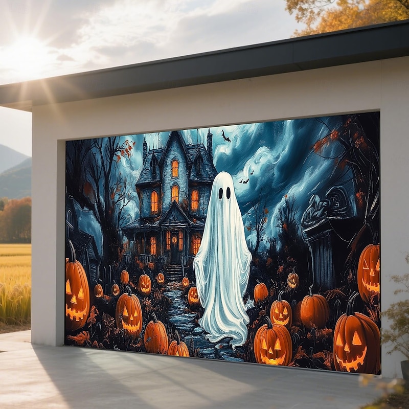 Halloween Tapestry Garage Door Cover Large Hanging Backdrop Ghost Castle Dark Punk Gothic Style Party Outdoor Shooting Backgrounds Yard Haunted House Home Decor2