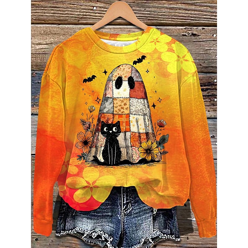 Halloween Women's Pullover Sweatshirt Ghost Graphic Fashion Casual Long Sleeve Crew Neck Regular Tops Street Dailywear Casual Print Black Yellow Purple Orange Fall Winter