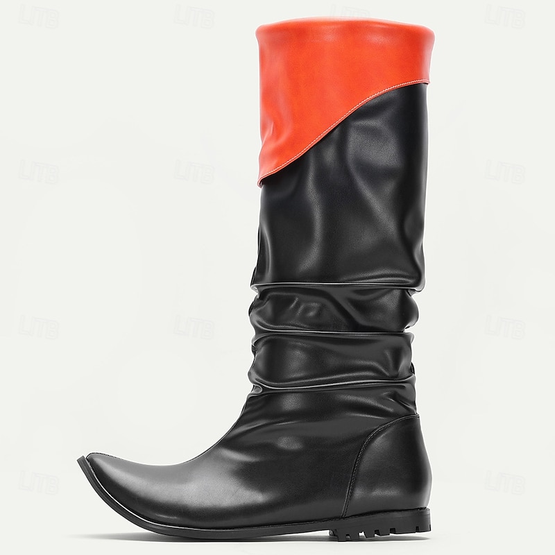 Men's Black and Red Fold Over Knee High Boots Faux Leather Retro Pirate Style Costume Shoes for Halloween Party and Cosplay2