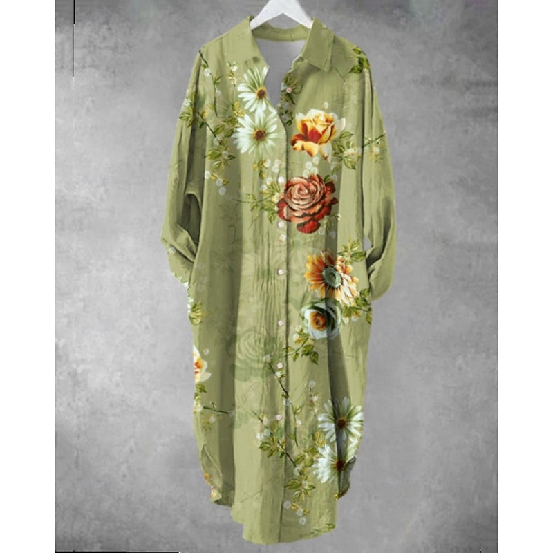 Women's Midi Dress Shirt Dress Casual Dress Fashion Modern Daily Beach Weekend Regular Fit Flower Long Sleeve Shirt Collar White Pink Red Blue Spring Fall4