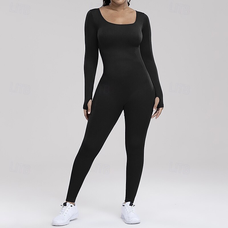 Women's Workout Jumpsuit One Piece Romper Fall Solid Color Bodysuit rice white Black Gym Athletic Running Breathable Tummy Control Long Sleeve Sport Activewear3