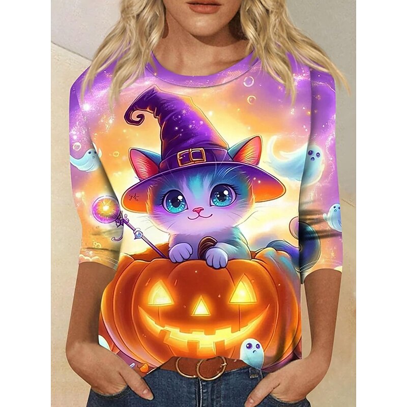 Halloween Women's T shirt Witch Long Sleeve Graphic Animal Cat Vintage Fashion Stylish Long Sleeve Half Sleeve Crew Neck Round Neck Regular Tops Daily Weekend Print Purple Orange Spring Fall Prefall