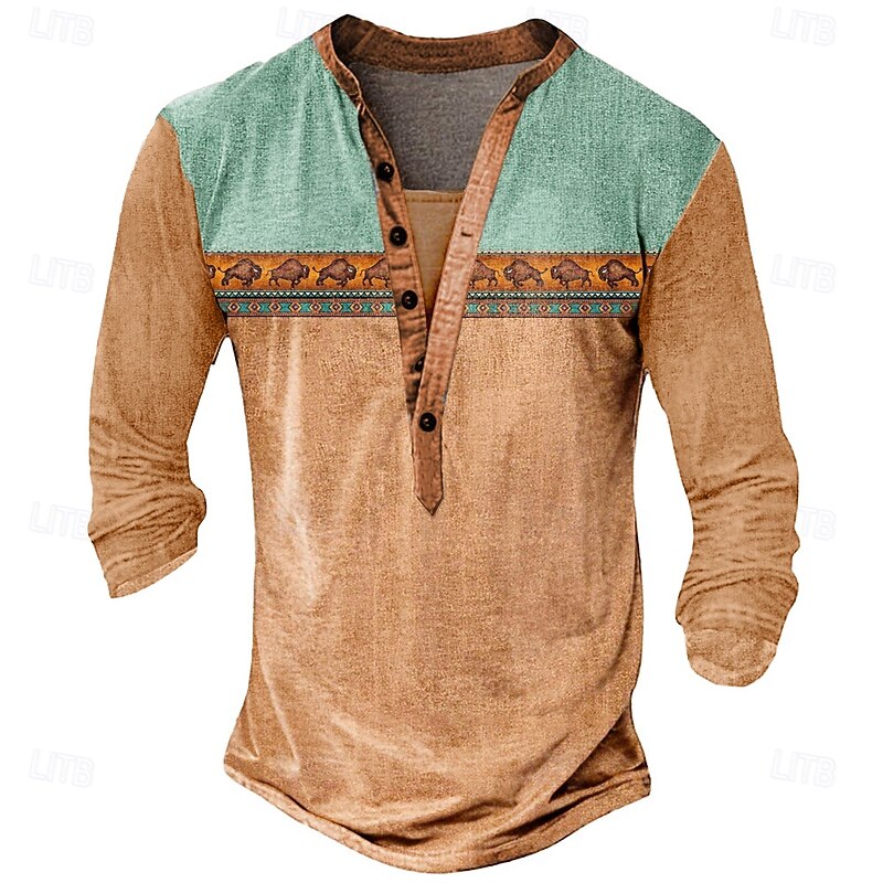 Men's Graphic Ethnic T Shirt Henley Shirt Long Sleeve Designer Retro Vintage Ethnic Street Casual Daily Summer Spring Fall Light Green Blue Brown Dark Gray Henley Henley T-Shirt3