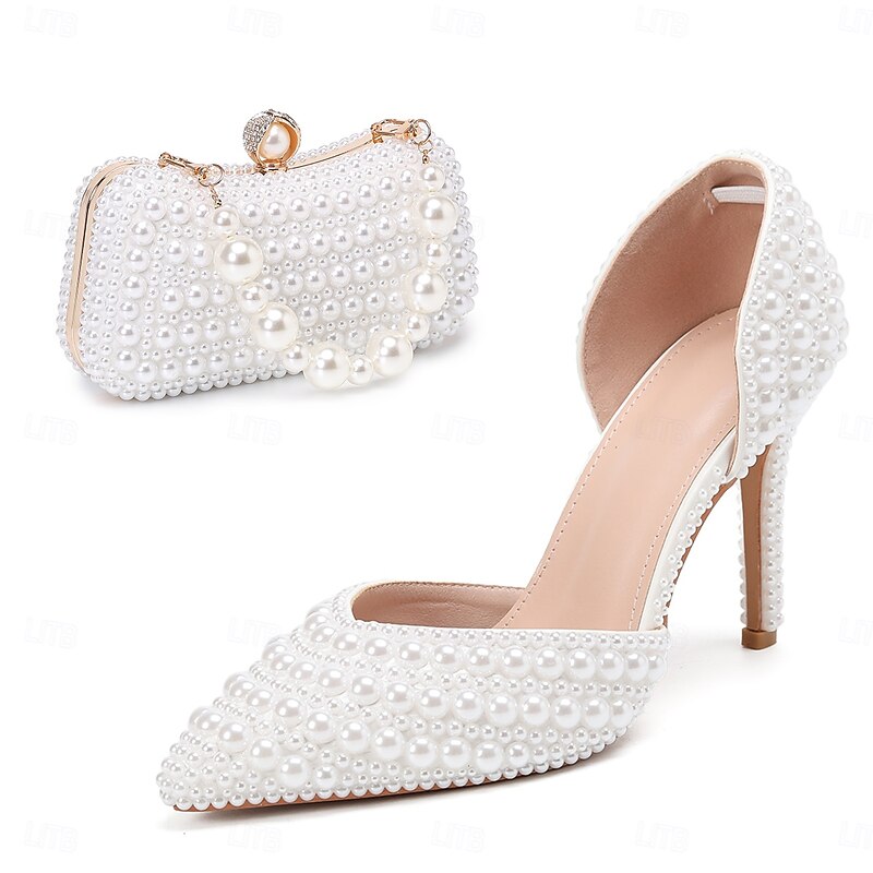 Women's White Pearl Stiletto Heels and Clutch Bag Set – Elegant Pointed Toe High Heel Shoes for Wedding, Bridal Parties, and Formal Events
