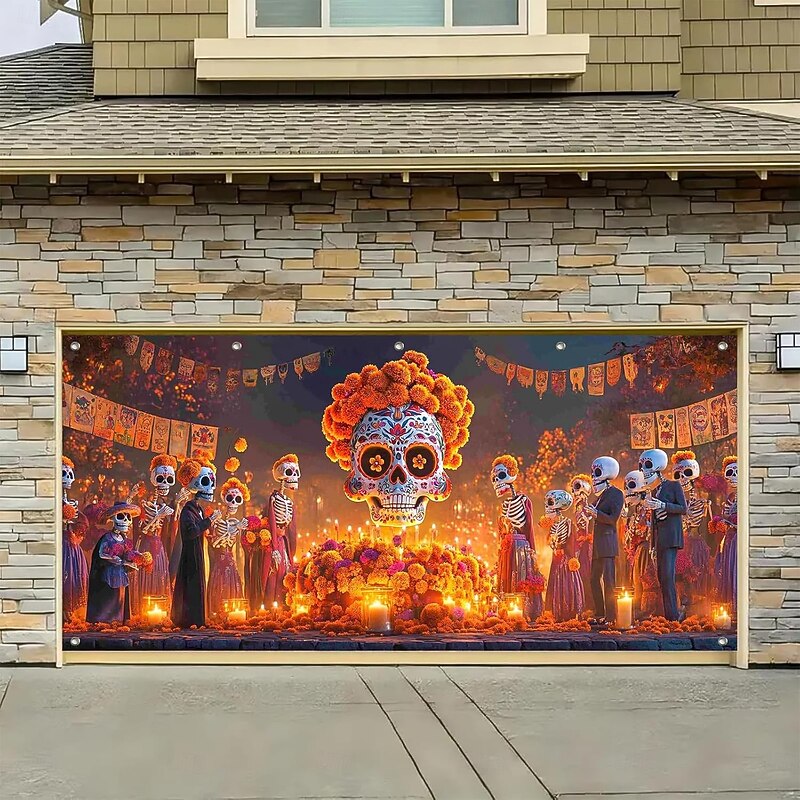 Day of the Dead Tapestry Garage Door Cover Large Hanging Backdrop Skeleton Marigold Mexico Party Outdoor Shooting Backgrounds Yard Home Decor3