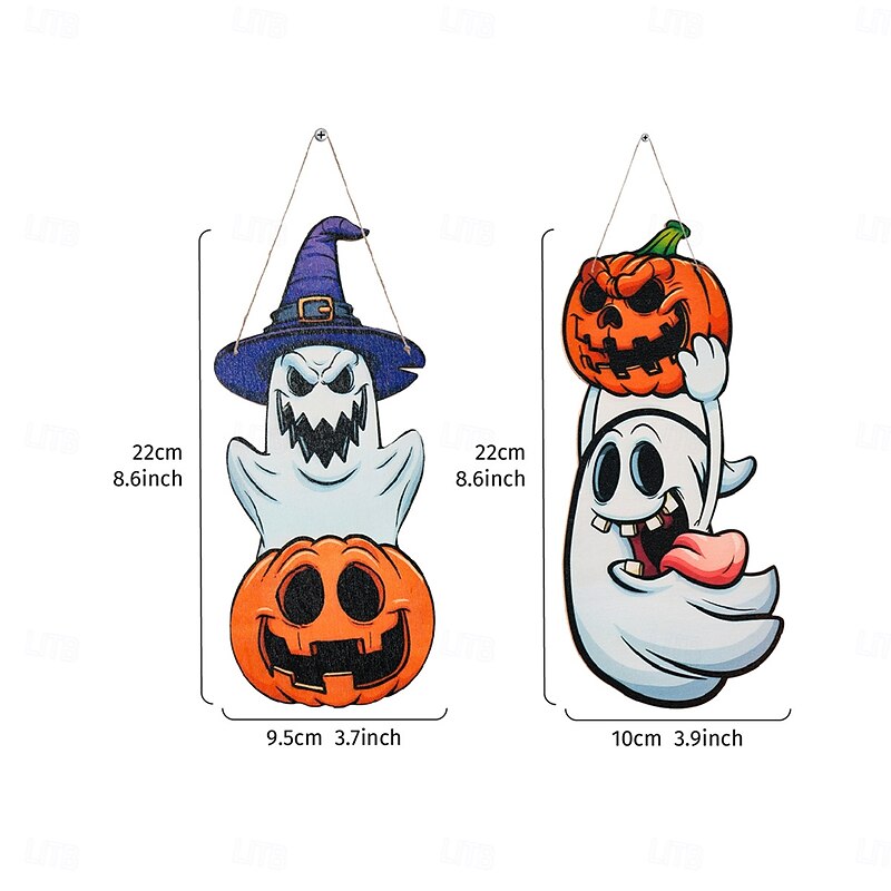 2PCS Halloween Wooden Wall Hangings – Colorful Cartoon Ghost & Pumpkin Decorative Signs, Indoor Party Decorations for Home, Family, and Halloween Themed Wall Display2