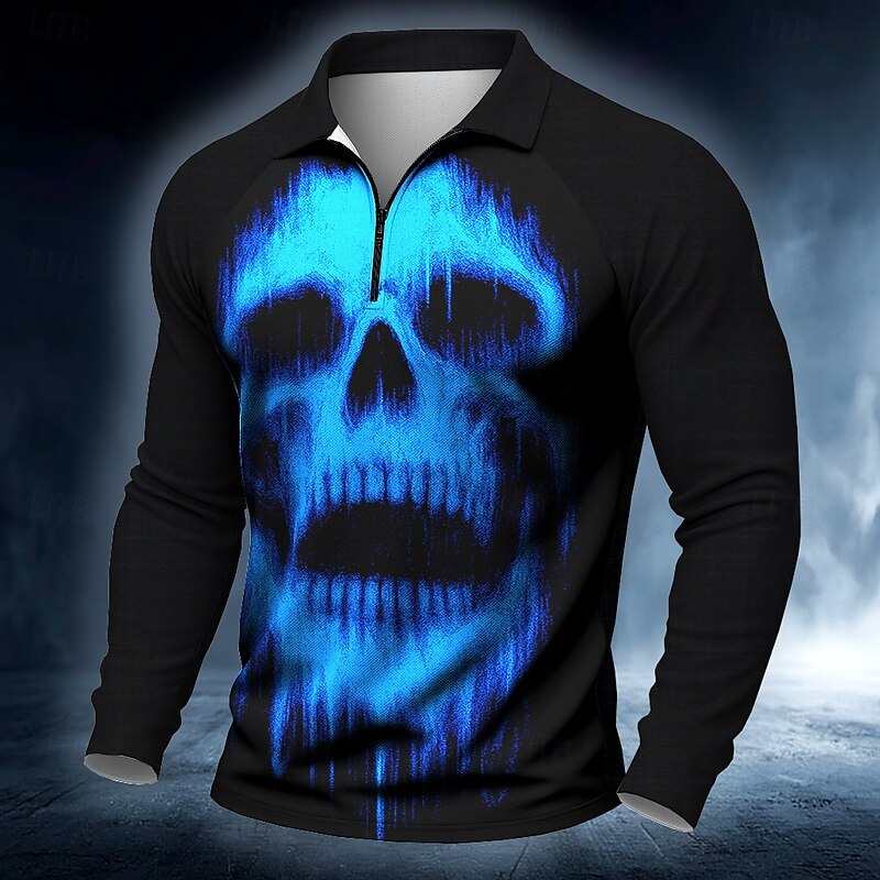 Halloween Men's Skull Skulls Polo Long Sleeve Polo Shirts Casual Dark Outdoor Street Daily Wear 3D Print Quarter Zip Polo Spring Fall Winter White Red Blue3