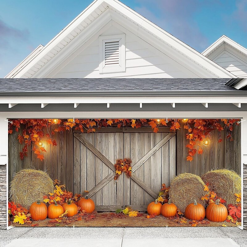 Halloween Garage Door Cover Large Hanging Backdrop Pumpkin Rustic Cottagecore Party Outdoor Shooting Backgrounds Front Door Home Decor3