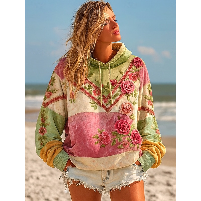 Women's 3D Print Vintage Boho Hoodie Patchwork Hoodie Sweatshirt Floral Pullover Sweatshirt Elegant Warm Active Hooded Street Dailywear Patchwork Print Yellow Light Green Pink Spring Fall Winter3