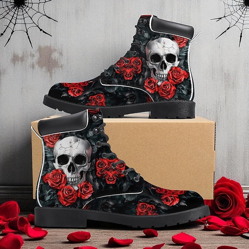 Men's Skull and Red Rose Combat Boots – Gothic Punk Lace-Up Ankle Boots for Halloween, Cosplay, Parties and Streetwear2