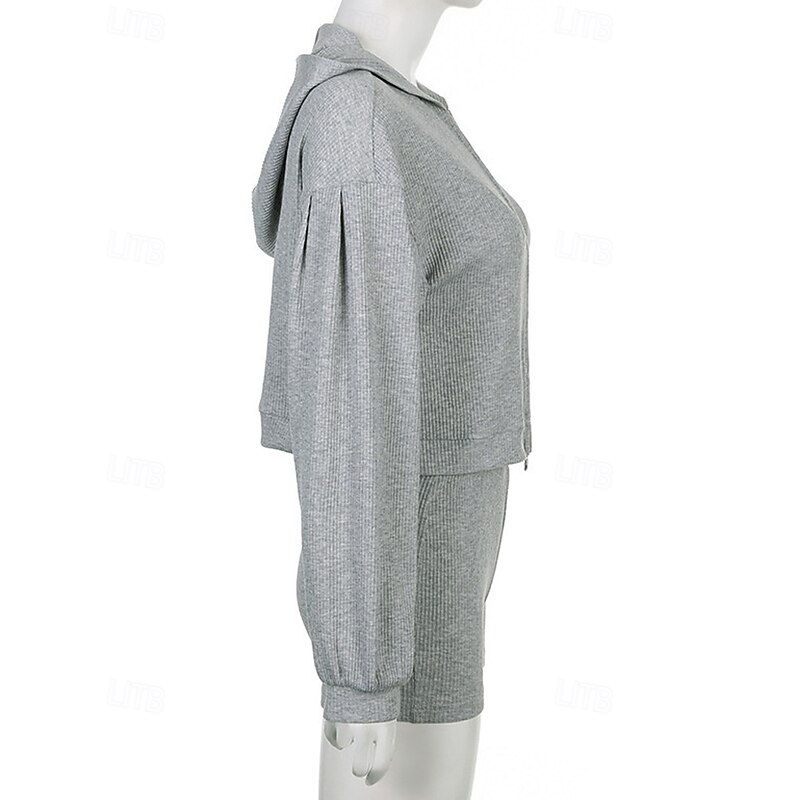 Women's Active Fashion Blouse Shorts Sets Long Sleeve Hooded Solid Color Zipper Vacation Casual Daily Black White Wine Summer Regular Fit4