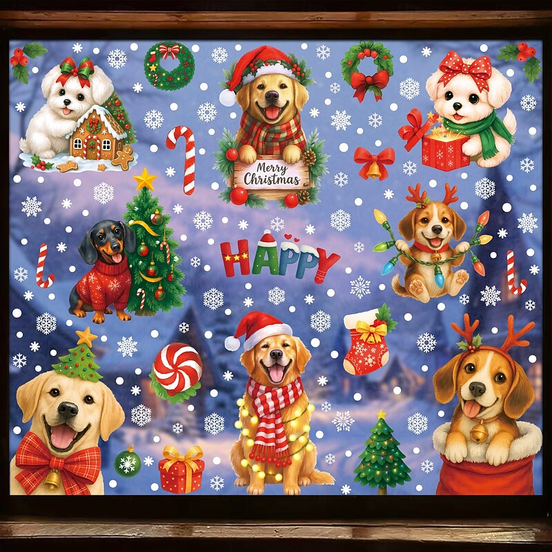 9 Sheets Christmas Window Cling Wall Sticker Decals Decorations, Gift Boxes, Candy, Wreaths & Dogs, Static Cling, Storefront & Home Glass Decor2