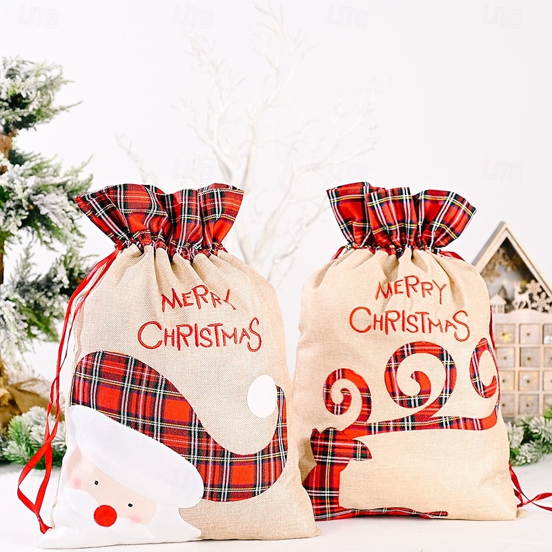 Christmas Gift Bag, Plaid Applique Large Fabric Holiday Treat Bag, Kids Festival Candy Bag, Christmas Party Favor Storage, Holiday Gift Packaging
